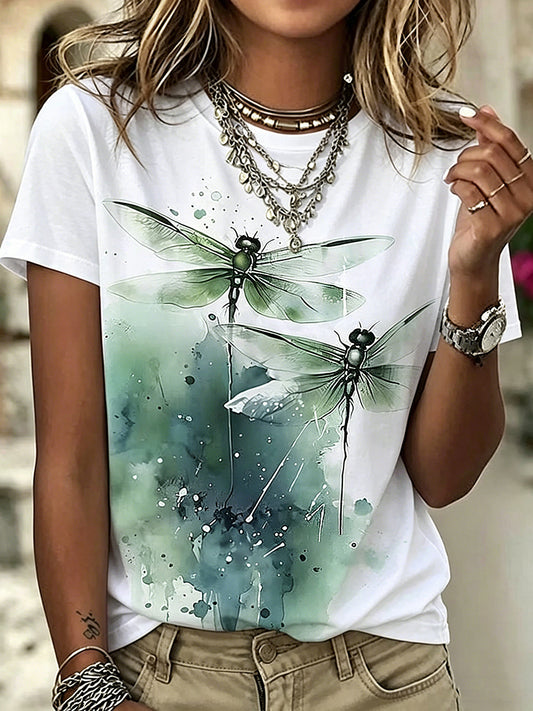 Women's Dragonfly Flowers Printed Vintage Fashion Loose Short Sleeve T-Shirt