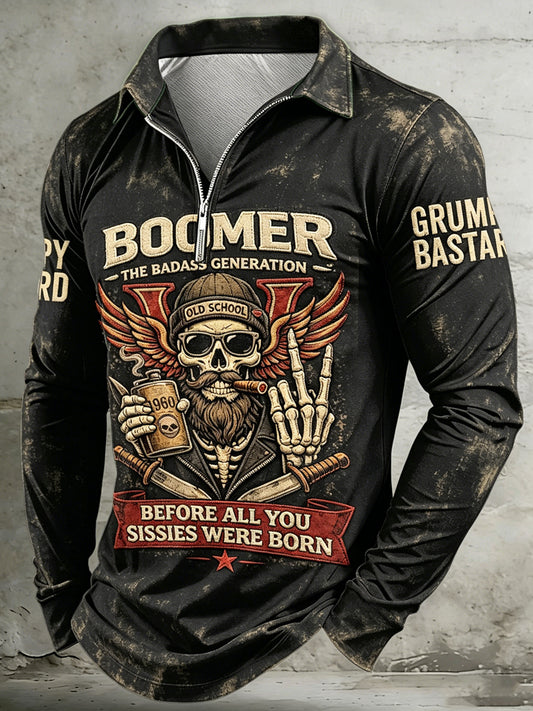 Men's Old Fuckers Club Printed Half Zipper Lapel Long Sleeved Polo