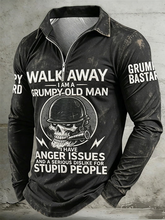 Men's Old Fuckers Club Printed Half Zipper Lapel Long Sleeved Polo