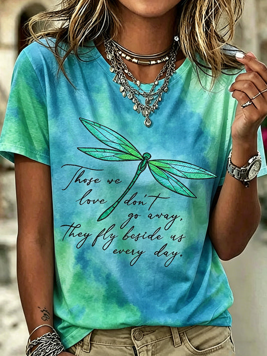 Women's Dragonfly Flowers Printed Vintage Fashion Loose Short Sleeve T-Shirt