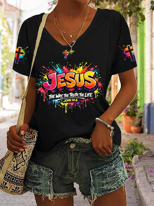 Women's Christian Jesus Cross Short Sleeve V-neck T-shirt