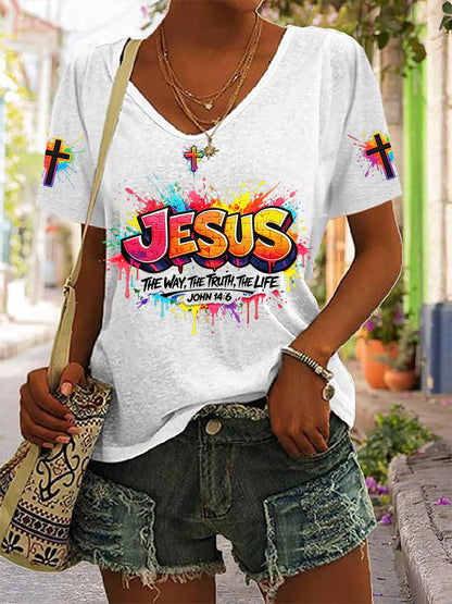 Women's Christian Jesus Cross Short Sleeve V-neck T-shirt