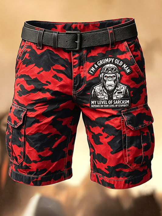 Men's Retro Vacation Business Art Grumy Old Man Print Casual Shorts