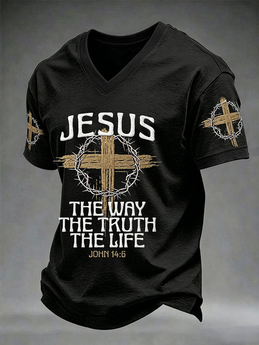 Men's Christian Jesus The Way the Truth The Life John 14:6 Cross V-neck T-shirt