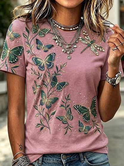 Women's Retro Butterfly and Dragonfly Artistic Casual T-Shirt