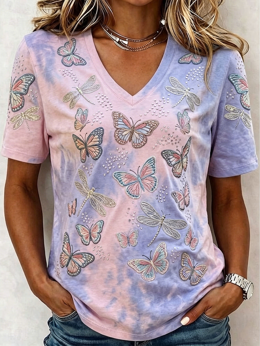 Women's Retro Butterfly Dream Artistic Casual V-Neck T-Shirt