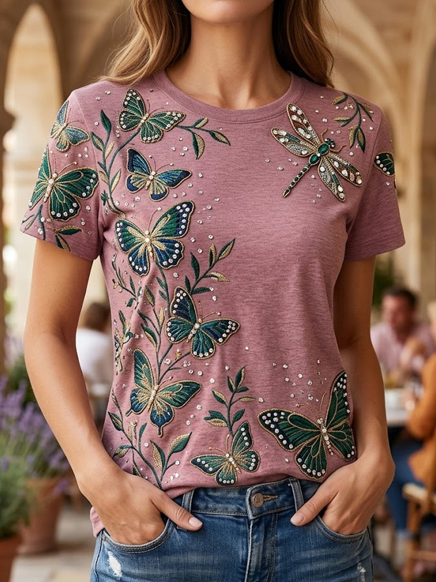 Women's Retro Butterfly and Dragonfly Artistic Casual T-Shirt
