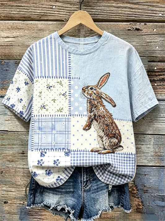 Women's Vintage Bunny Cottage Floral Patchwork Print linen T-shirt