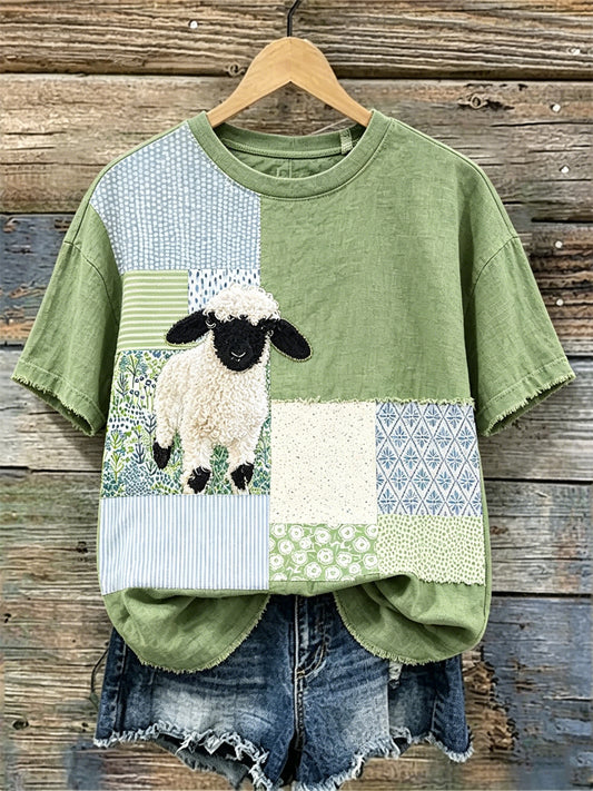 Women's Fuzzy Sheep Cottagecore Floral Colorblock Print linen T-shirt