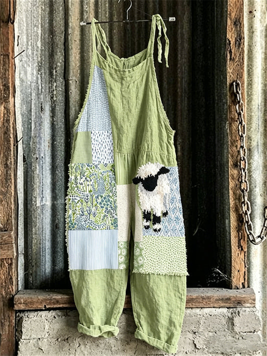 Women's Fuzzy Sheep Vintage Floral Colorblock Print Jumpsuit
