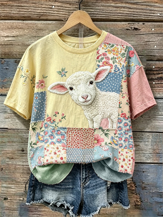 Women's Peeking Lamblinen Cottage Floral Colorblock Print Linen T-shirt