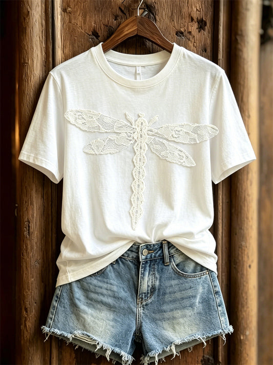 Women's Classy Draginfly Floral Lace Print short-sleeved T-shirt