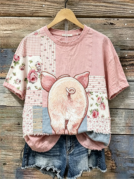 Women's Pig Back View Cottage Floral Patchwork Print linen T-shirt