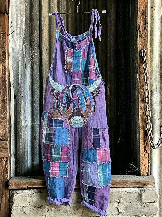 Women's Vintage Highland Cow Plaid Patchwork Print Jumpsuit