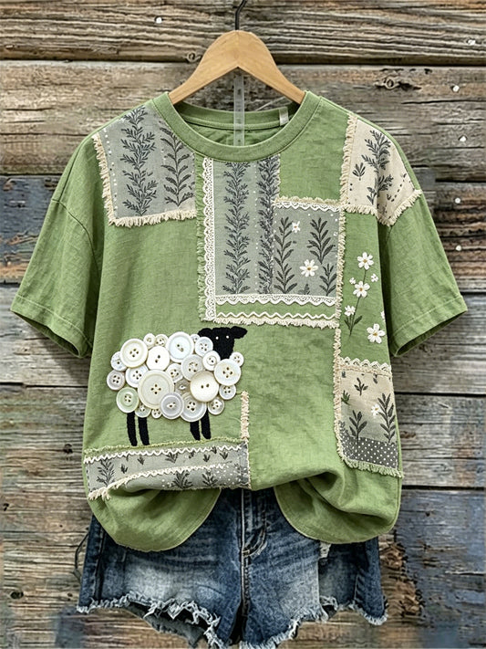 Women's Vintage Sheep Cottagecore Floral Art Print linen short-sleeved T-shirt