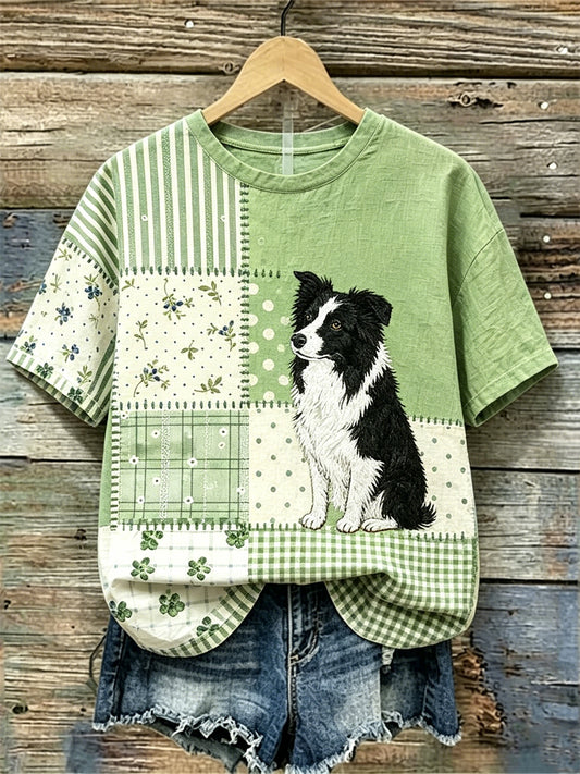 Women's Border Collie Dog Cottagecore Floral Patchwork Print linen T-shirt