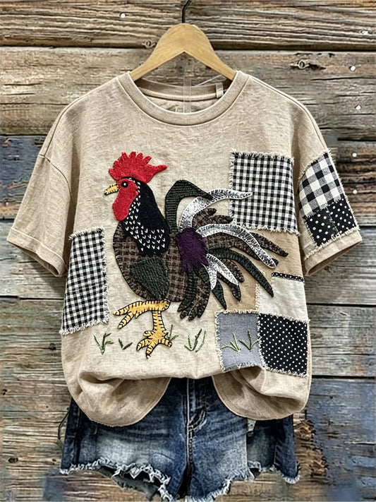 Women's Vintage Rooster Fiber Art Patchwork Print linen T-shirt