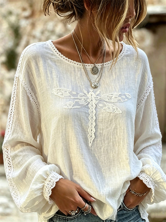 Women's Classy Dragonfly Floral Lace Art Print Cotton-Linen Shirt