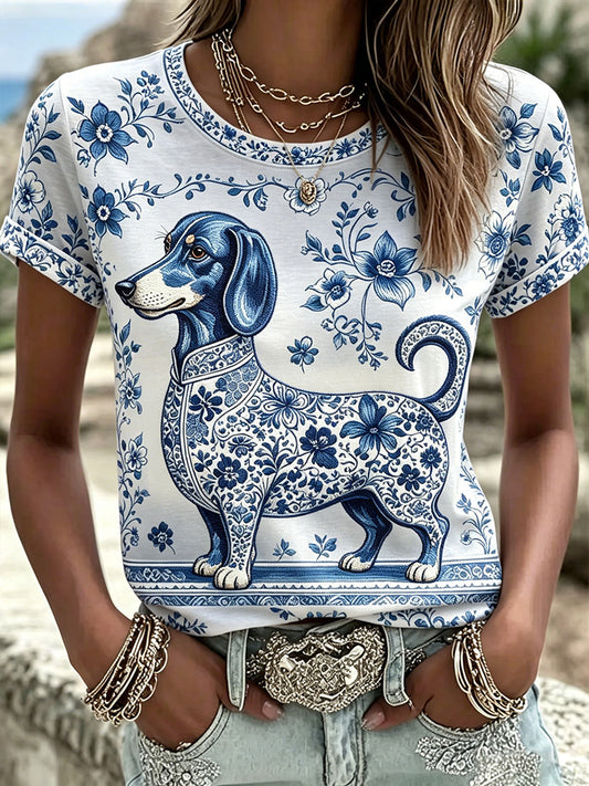 Women's Sausage Dog Floral Print T-Shirts