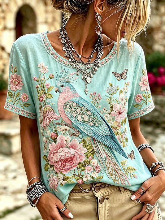 Women's Parrot Floral Print T-Shirts