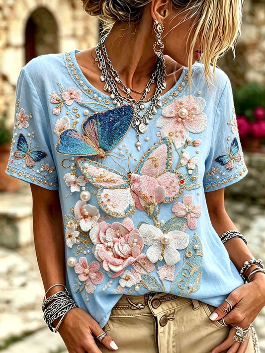Women's plant floral butterfly print T-shirts