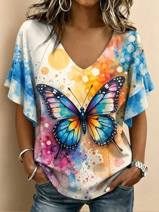 Women's Butterfly Printed V-neck Ruffle Sleeve T-shirt