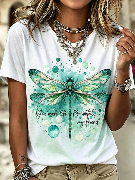 Women's Dragonfly Printed Vintage Fashion Loose Short Sleeve T-Shirt