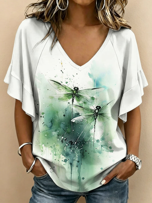 Women's Dragonfly Printed V-neck Ruffle Sleeve T-shirt