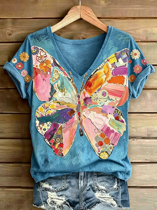 Women's Butterfly Printed Vintage Fashion Loose Short Sleeve T-Shirt