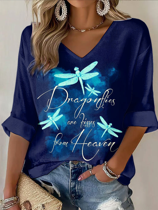 Women's V-neck Mid-Sleeve Dragonfly Printed Casual T-shirt