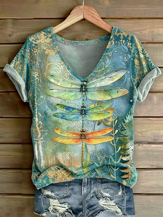 Women's Dragonfly Printed Vintage Fashion Loose Short Sleeve T-Shirt