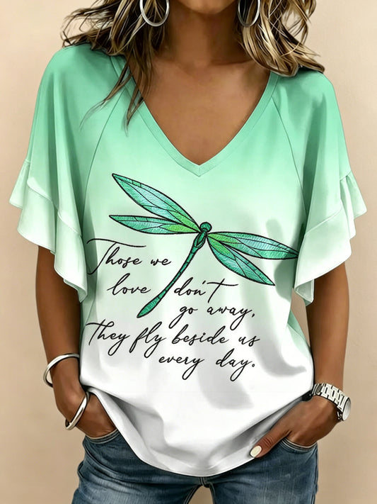 Women's Dragonfly Printed V-neck Ruffle Sleeve T-shirt
