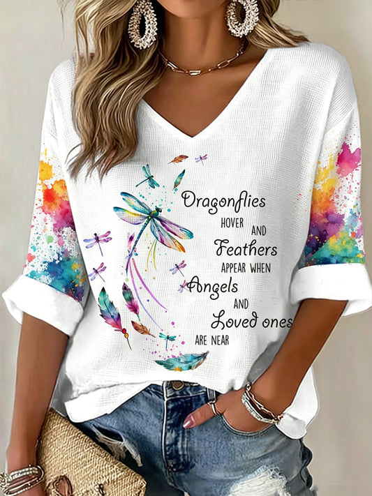 Women's V-neck Mid-Sleeve Dragonfly Printed Casual T-shirt