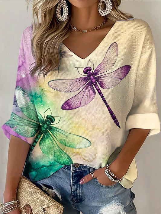 Women's V-neck Mid-Sleeve Dragonfly Printed Casual T-shirt