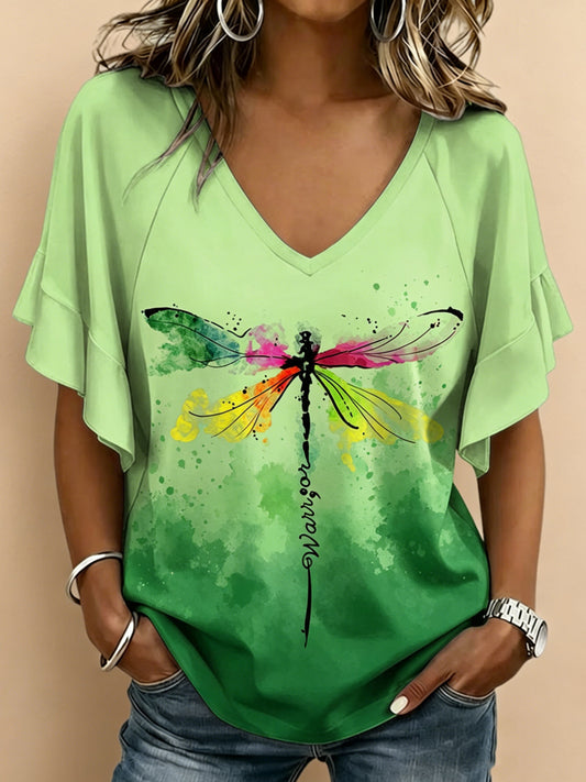 Women's Dragonfly Printed V-neck Ruffle Sleeve T-shirt