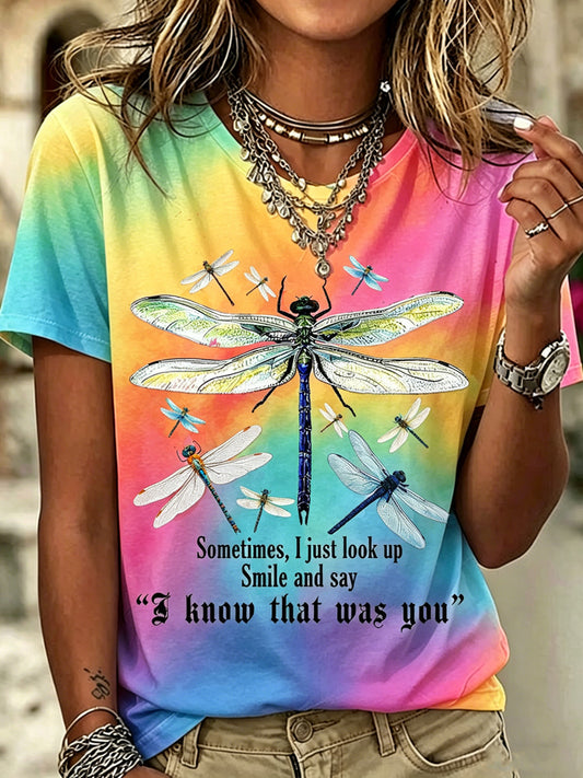 Women's Dragonfly Printed Vintage Fashion Loose Short Sleeve T-Shirt