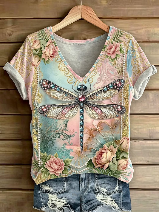Women's Dragonfly Printed Vintage Fashion Loose Short Sleeve T-Shirt