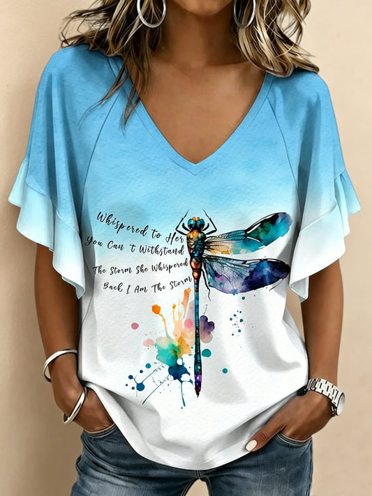 Women's Dragonfly Printed V-neck Ruffle Sleeve T-shirt