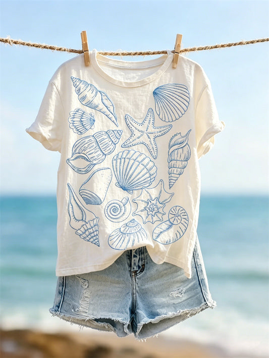 Women's Beach Starfish Sea Shells & Conch Print short-sleeved T-shirt