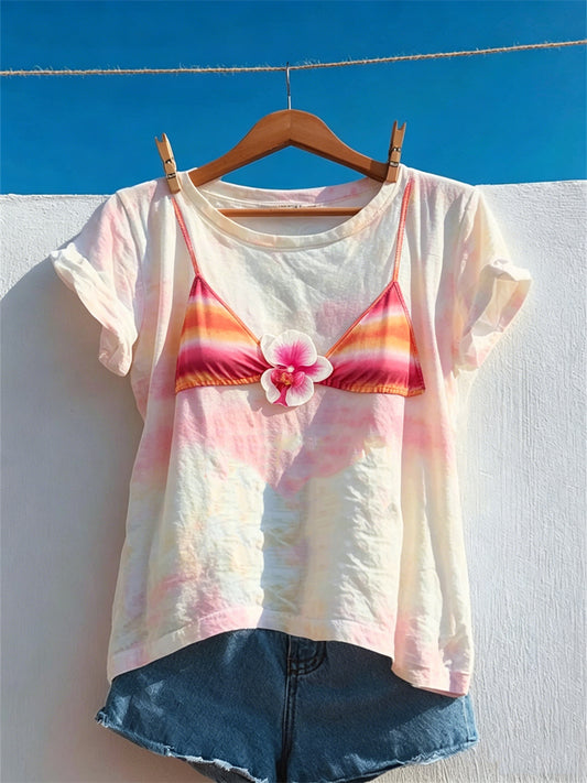 Women's Seaside Flower Gradient Bikini Print short-sleeved T-shirt