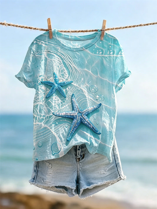 Women's Glitter Starfish & Beach Sea Waves Print short-sleeved T-shirt