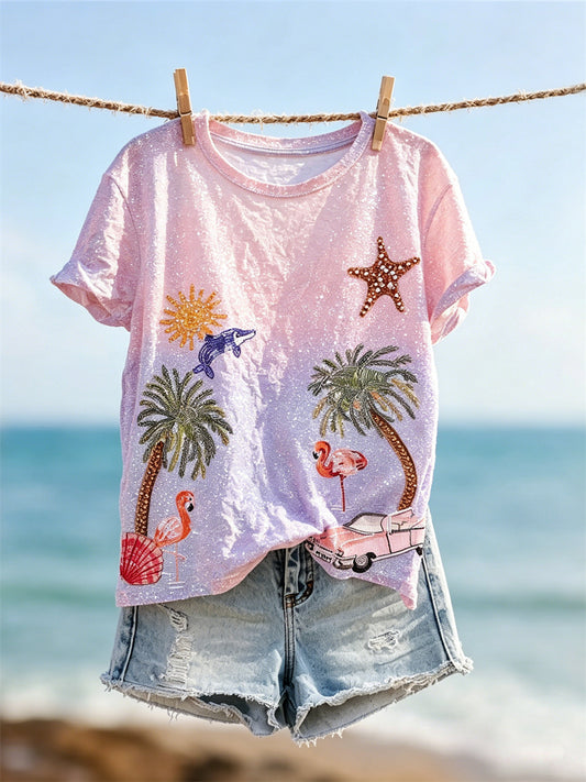 Women's Seaside Vacation Elements Glitter Gradient Print short-sleeved T-shirt