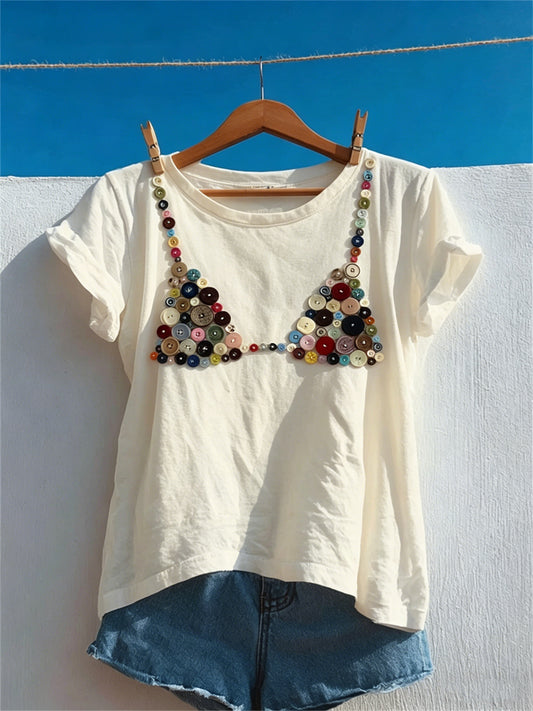 Women's Vintage Bikini Buttons Art Print short-sleeved T-shirt