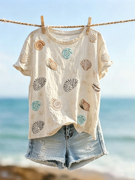 Women's Beach Sea Shells & Conch Print short-sleeved T-shirt