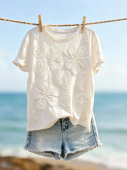 Women's Starfish & Sea Shells Beach Flowers Print short-sleeved T-shirt
