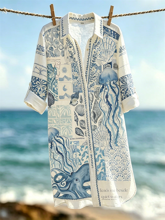 Women's Vintage Sea & Sea Animals Collage Art Print Vacation-Style Shirt Dress