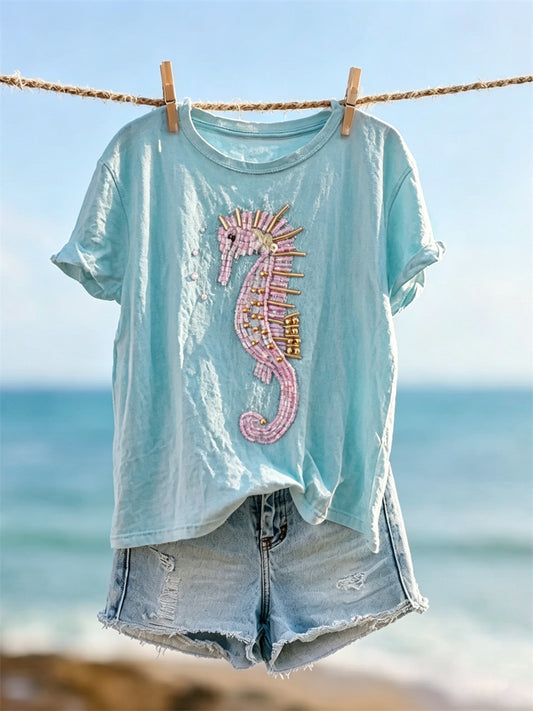 Women's Pink Seahorse Beaded Art Print short-sleeved T-shirt