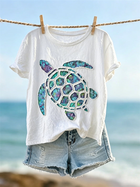 Women's Sea Turtle Frayed Fiber Art Print short-sleeved T-shirt