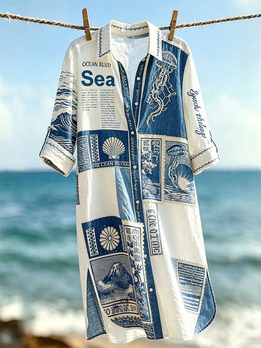 Women's Seascape & Sea Animals Collage Art Print Vacation-Style Shirt Dress