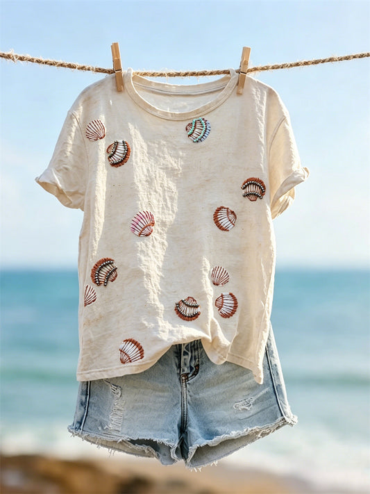 Women's Sea Shells on the Beach Print short-sleeved T-shirt